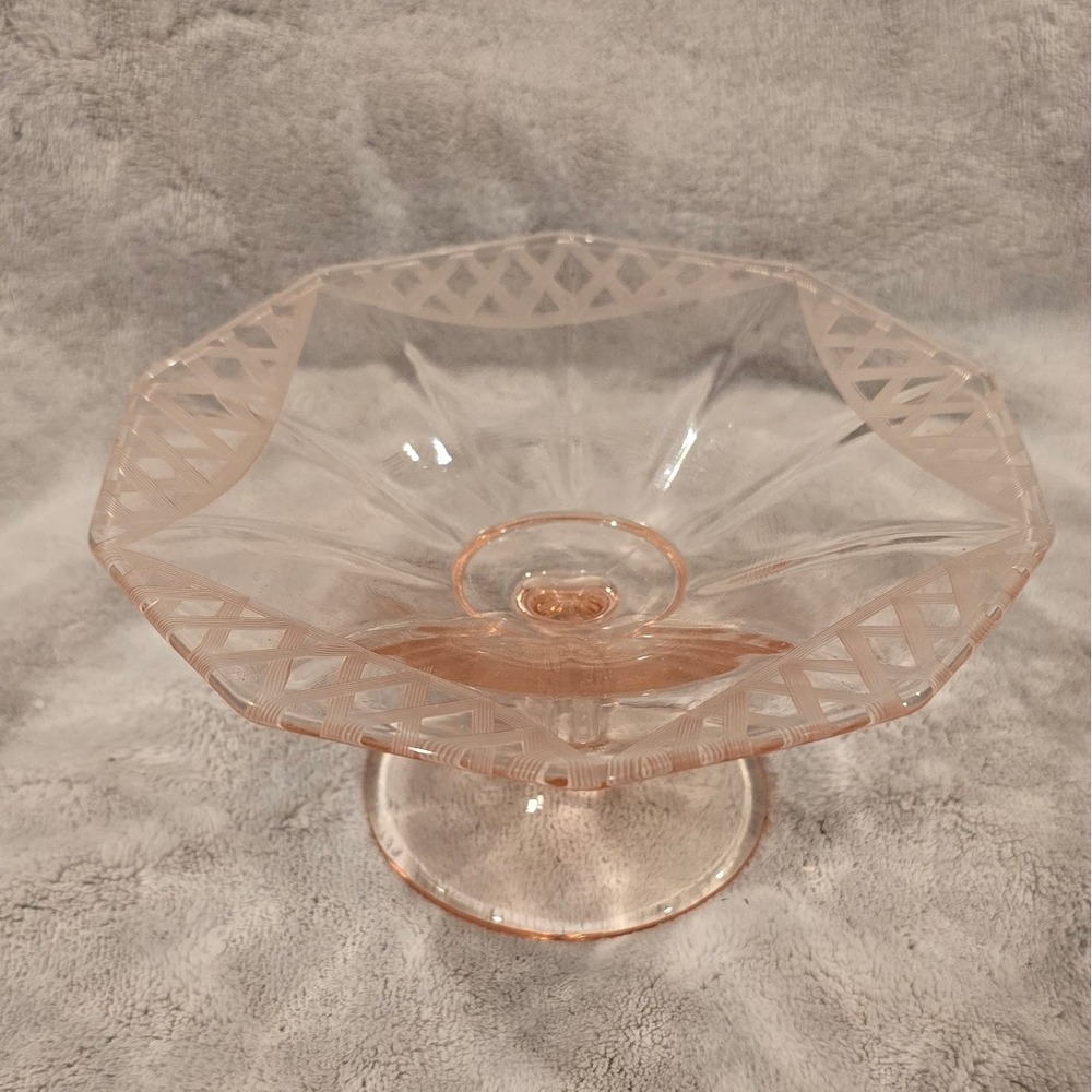 Vintage Pink Depression Etched Glass‎ Footed Compote Candy Dish Pedestal Bowl